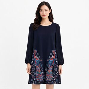 Yumi Dress Womens XS Blue Peacock Print Long Sleeve Shift Boho Party Mini